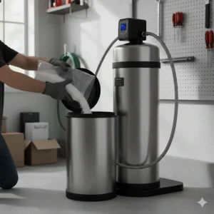 Illustration of a homeowner adding salt pellets to the brine tank of an affordable water softening system.