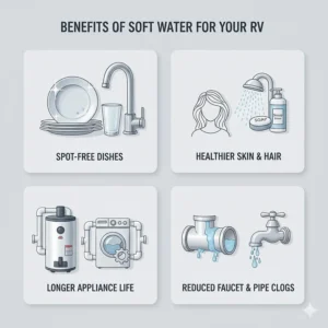 Icons depicting the benefits of soft water for RV skin care, spot-free dishes, and appliance longevity.