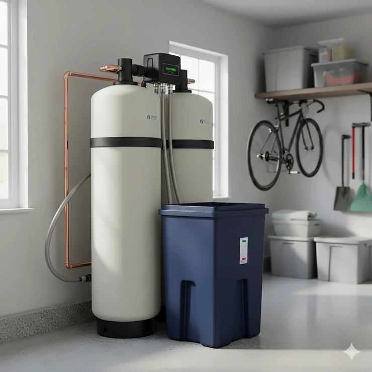 A professional installation of a dual-tank salt-based water softener system in a modern home garage. salt based water softener