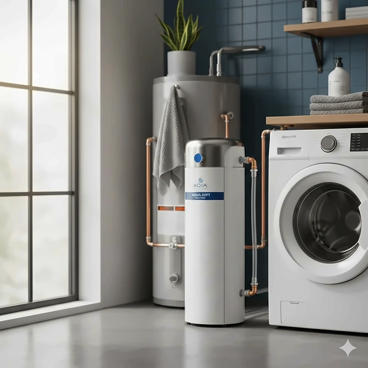 A professional installation of a premium salt-free water softener system in a residential laundry room. salt free water softener