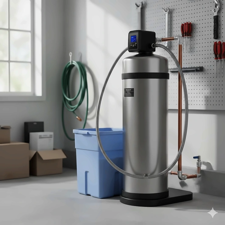 A high-rated dual-tank water softener system installed in a modern garage, representing the best water softener under $1000.