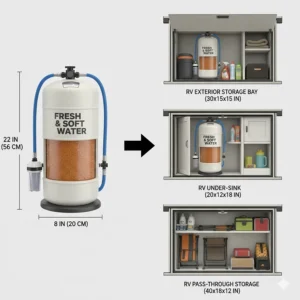 Comparison chart showing the compact size of a portable softener vs. standard RV storage bays.