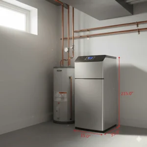 A scale illustration of a compact cabinet-style water softener fitting into a small basement utility closet.