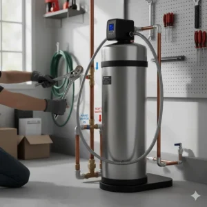 Close-up illustration of a DIY water softener under $1000 being connected to main copper water lines.