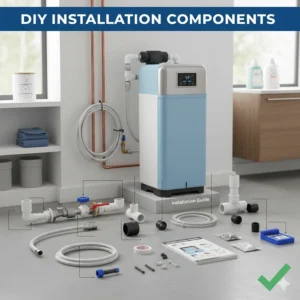 Illustration of the standard parts included with a budget-friendly water softener for DIY home installation.