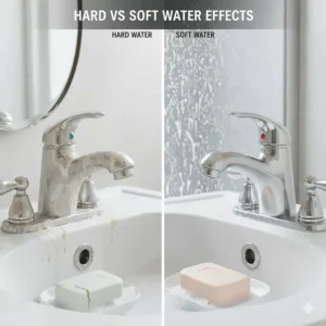 Comparison of hard water mineral buildup on a faucet versus a clean faucet using soft water.
