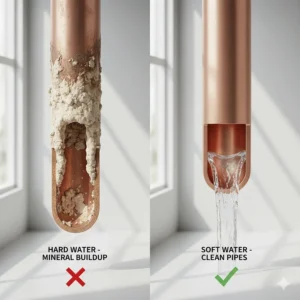 Illustration comparing a clogged pipe with mineral scale versus a clean pipe after using a water softener.