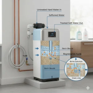 A diagram showing the ion exchange process inside an affordable water softener unit to remove calcium and magnesium.
