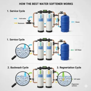 An infographic diagram showing the ion exchange process in the best water softener systems.