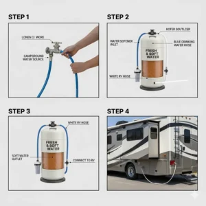 Step-by-step guide showing how to connect a portable softener to an RV city water inlet.