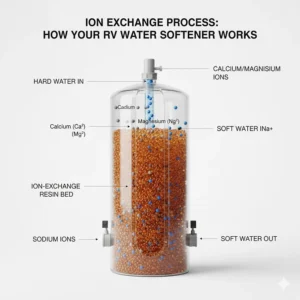 Technical illustration of the ion exchange process inside a portable RV water softening unit.