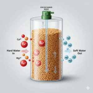 Diagram showing the ion exchange process in a salt-based water softener replacing calcium ions with sodium.