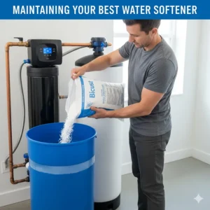 A homeowner adding high-purity salt pellets to the brine tank of a top-rated water softener.