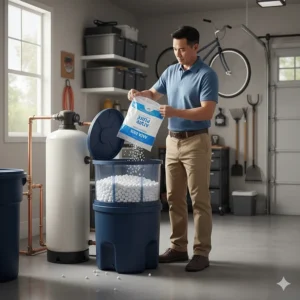 A homeowner adding high-quality salt pellets to the brine tank of a water softener system.