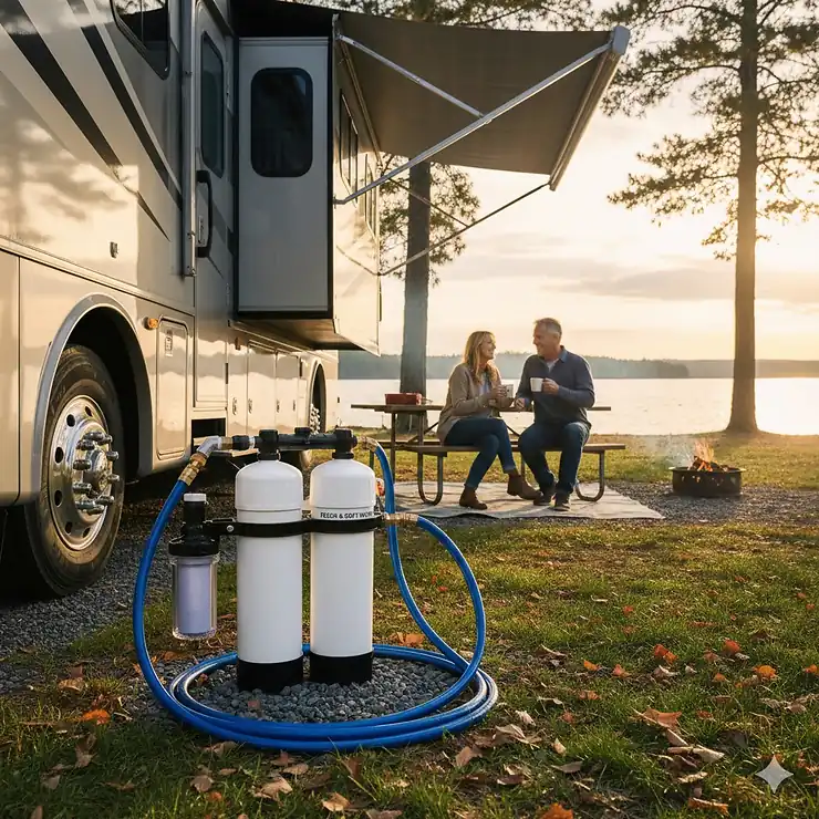 A portable water softener for RV connected to a campsite water hookup next to a parked motorhome.