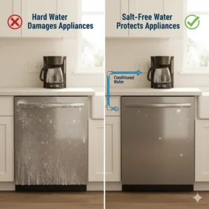 A visual showing a dishwasher and coffee maker protected from hard water spots by a salt-free system.