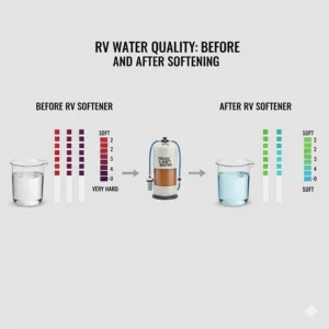 Illustration of water hardness test strips showing the difference before and after using an RV softener.