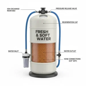 Labeled diagram of a portable water softener for RV showing the tank, inlet, outlet, and resin bed.