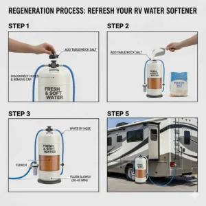 Infographic showing how to regenerate a portable water softener using common table salt.