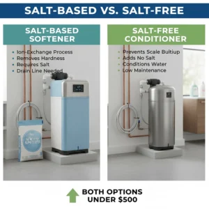 A side-by-side illustration of salt-based and salt-free water conditioner options available for under $500.