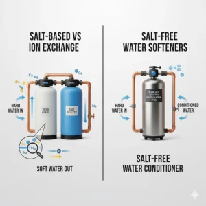 Illustration comparing a salt-based ion exchange system and a salt-free water conditioner.