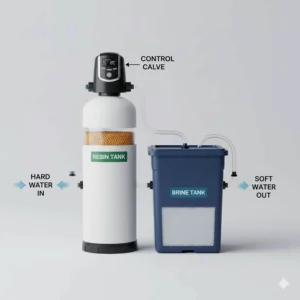 Labeled diagram of a salt-based water softener highlighting the resin tank, brine tank, and control valve.