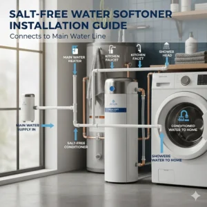 A simple schematic showing where a salt free water softener connects to the main home water line.