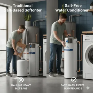 Illustration showing the easy maintenance of salt-free systems compared to hauling heavy salt bags.