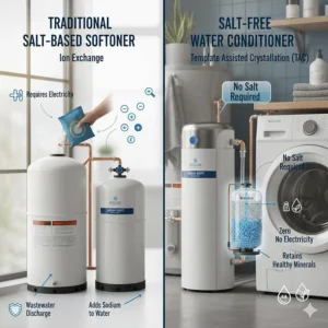Side-by-side comparison chart of a traditional ion exchange system versus a salt free water softener.