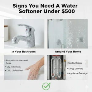 An infographic showing scale buildup on faucets and dry skin, illustrating why someone needs a water softener under $500.