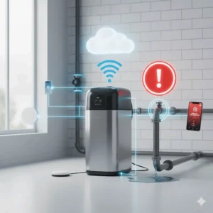 Illustration of an integrated leak detection system in a Wi-Fi water softener preventing water damage.