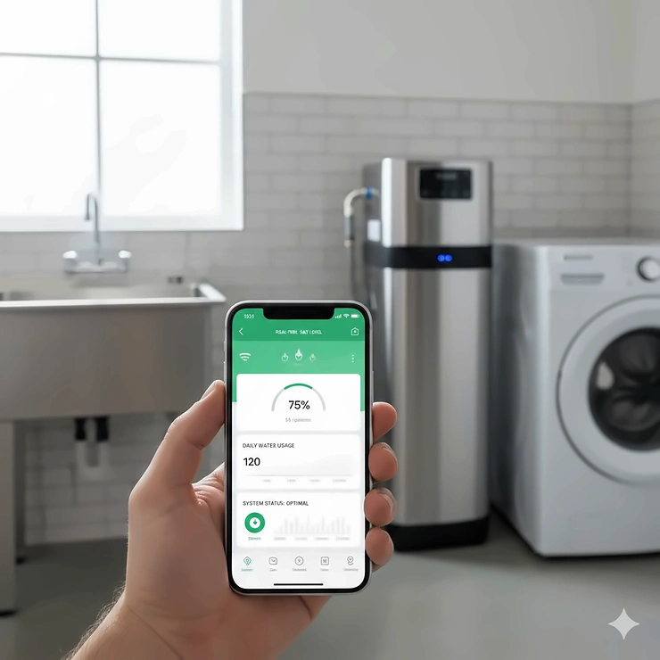 A modern smart water softener with Wi-Fi connectivity showing real-time salt levels and water usage on a smartphone app. smart water softener with wifi