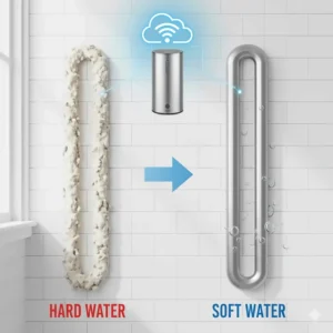 Comparison showing how a smart water softener prevents limescale buildup in household appliances.