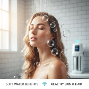 Illustration depicting the health benefits of soft water for skin and hair provided by a smart filtration system.