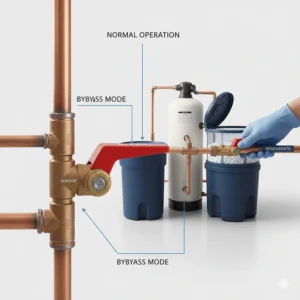 Illustration showing how to operate the bypass valve on a salt-based water softener for maintenance.