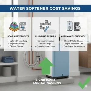 An infographic showing how a water softener under $500 saves money on soap, plumbing repairs, and appliance longevity.