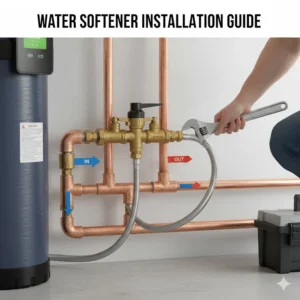 Close-up of a water softener bypass valve and plumbing connection for a DIY home installation.