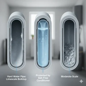 Illustration of clean pipes protected from limescale buildup by a salt free water conditioner.
