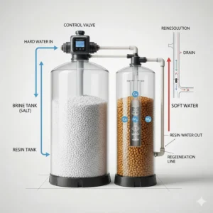 An illustrated diagram of a budget water softener showing the brine tank, resin tank, and control valve.