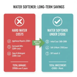 A chart illustrating the long-term savings of a water softener under $1000 compared to the costs of hard water damage.