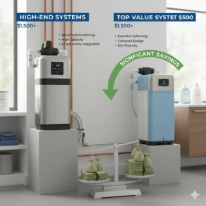 A graphic comparing high-end systems to a water softener under $500, highlighting savings and essential features.