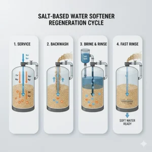 Infographic explaining the four stages of the salt-based water softener regeneration cycle.