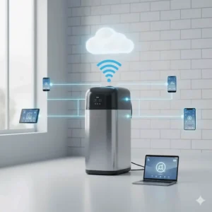 Illustration showing how a Wi-Fi enabled water softener connects to a home network for remote monitoring.
