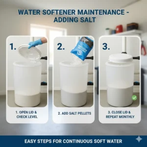 A simple step-by-step illustration of adding salt pellets to a water softener brine tank.