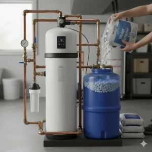 A homeowner pouring salt pellets into the brine tank of a well water softener for system maintenance.