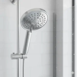 A chrome shower head water softener filter that removes hard water minerals in a rental bathroom.