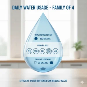 Infographic showing the average daily water consumption for a household of four people.