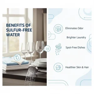 Graphic showing clean laundry and clear glassware after installing a water softener for sulfur smell.