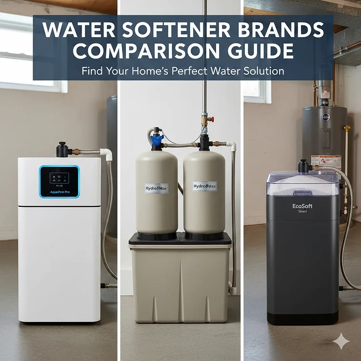 A side-by-side comparison layout showing three top-rated water softener systems from leading brands for home use. water softener brands comparison
