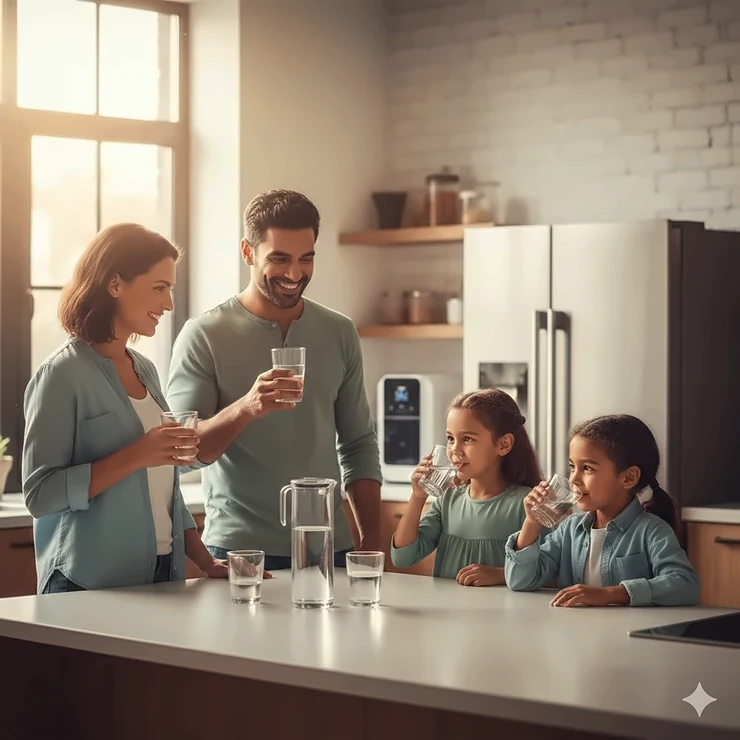 A happy family of four drinking clean filtered water in a modern kitchen with a water softener installed. water softener for family of 4